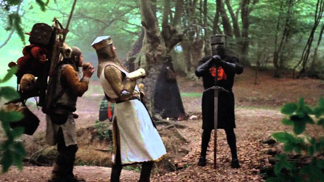 A scene in Monty Python where they meet the black knight